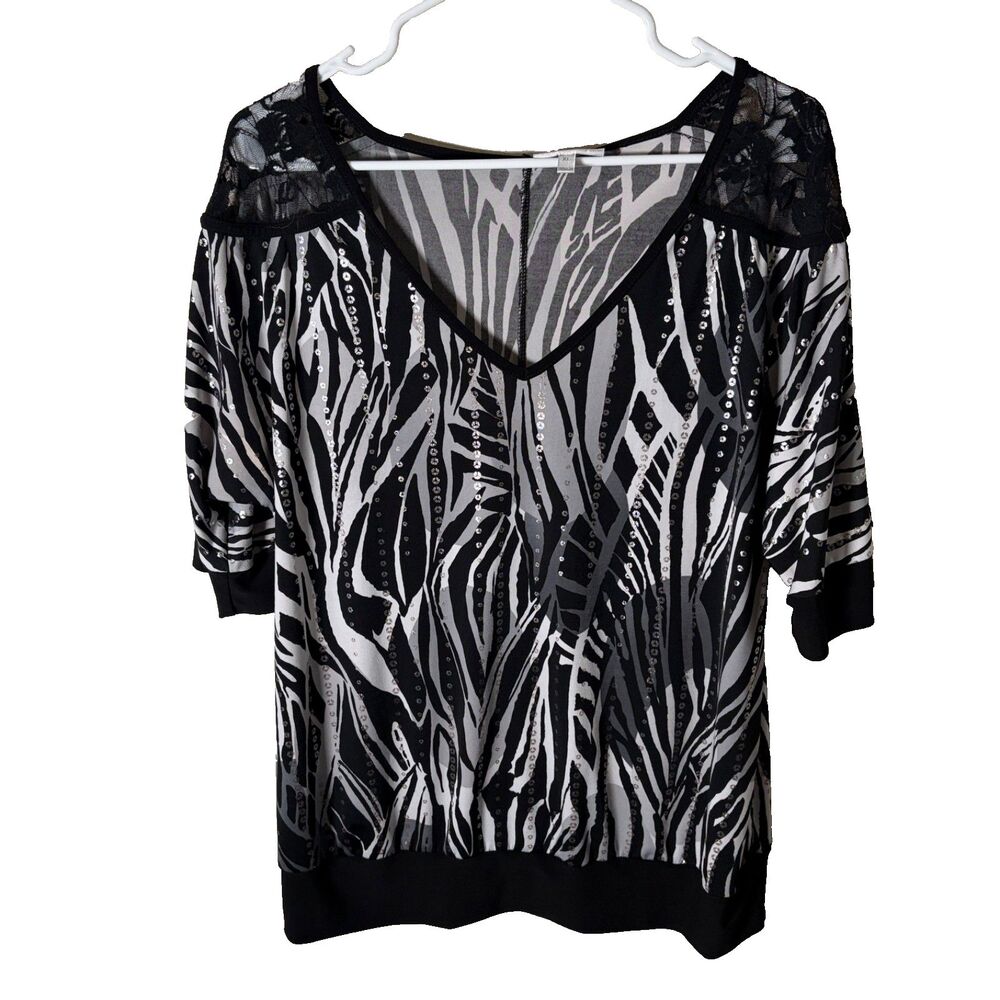 Fashion Bug Blouse Women's XL V-Neck Floral Half Sleeve Crochet Top Shirt